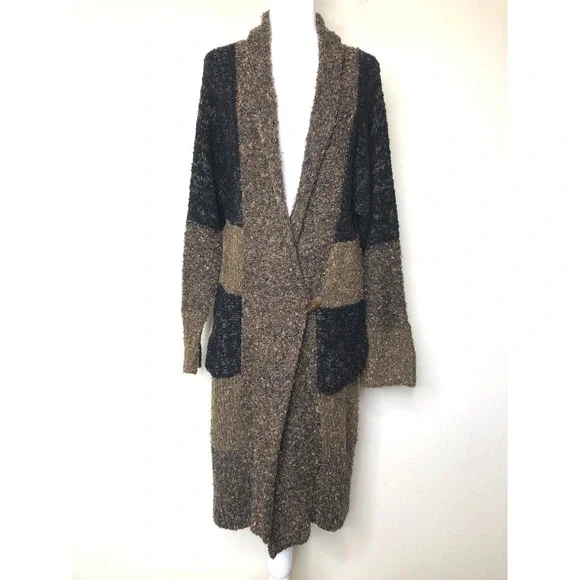 Vtg. Chicos Cardigan Sweater Duster Long Knit Open Front Pockets Brown Black | L - Picture 1 of 16